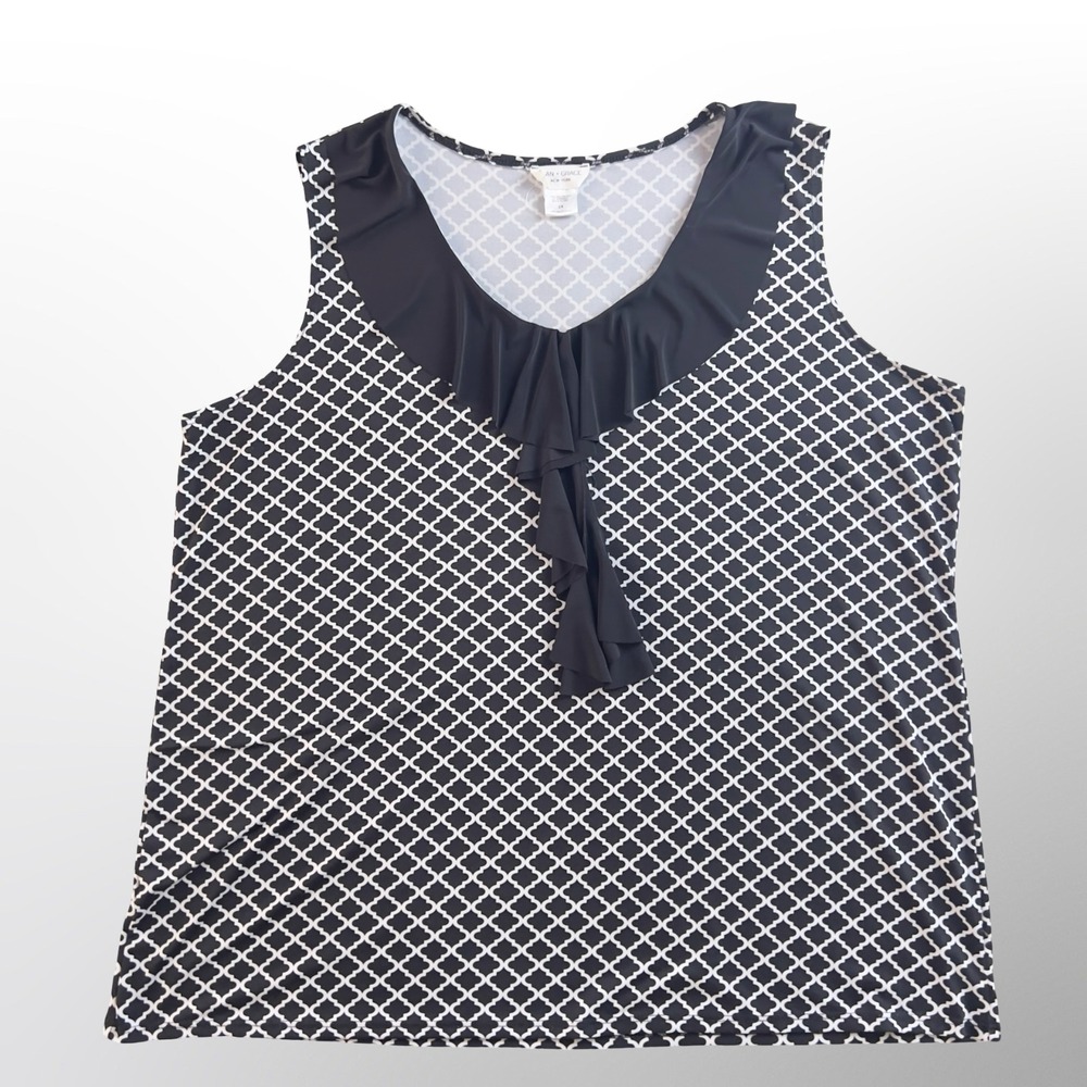 Elan + Grace Womens 2X Ruffle Front Blouse Geometric Tank Top Black White USA